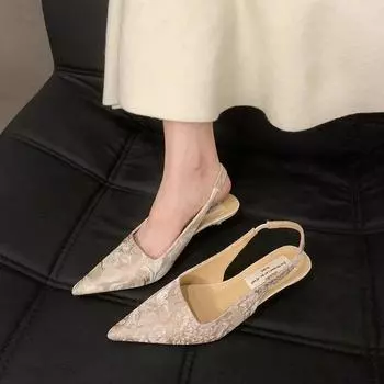 Французские вечерние туфли на высоком каблуке в стиле ретро, одинарные туфли с острым носком, женская обувь 2024 года, популярные летние новые китайские красивые босоножки с застежкой-мешком 35 абрикосовый