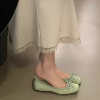 Французские вечерние туфли с бантом из атласа с внутренней стороны, увеличивающие рост, женские балетки 2025 года, новые туфли с квадратной головкой, нишевые нежные балетки 35 зелёный