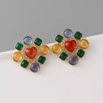 Французские винтажные красочные высококачественные серьги-гвоздики женские сердечки глазурованные драгоценные камни нишевая мода ретро серьги банкетные украшения подвески красный