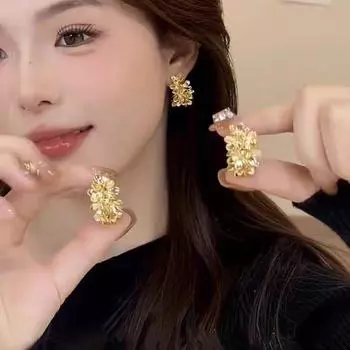 Французские винтажные металлические серьги-кольца с цветами — уникальный дизайн для осени/зимы золотой