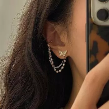 Французские винтажные серьги-клипсы с кисточками из циркония и бабочки и жемчуга - уникальный и элегантный дизайн Asymmetric Butterfly 925 Silver Needle