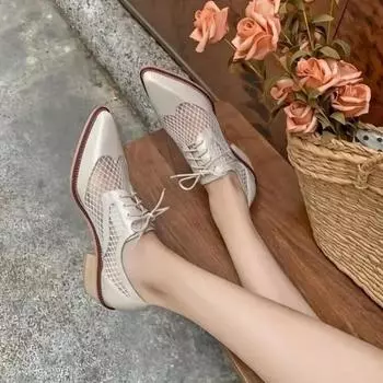 Французские винтажные сетчатые одинарные босоножки на шнуровке в британском стиле с острым носком и средним толстым каблуком для женщин 34 чёрный