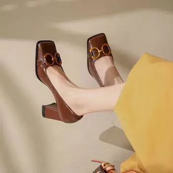 Французские винтажные туфли-одиночки женские 2024 весна новый дизайн Sense женские туфли неглубокий носок толстый каблук металлическая пряжка высокие каблуки 34 коричневый