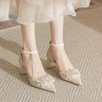 Французские высокие каблуки для женщин, весенние универсальные туфли на толстом каблуке, остроконечные полые босоножки 34 шампанского