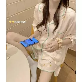 Французские высококачественные пижамы из ледяного шелка с цветочным принтом, женская летняя домашняя одежда, костюм с короткими рукавами, летние пижамы из двух предметов в китайском стиле с принтом в стиле ретро M бежевый