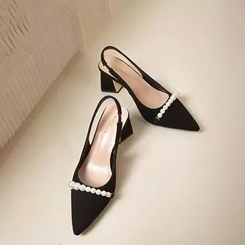 Французские высококачественные туфли Qipao на высоком каблуке, женские, лето 2023, новые черные босоножки на толстом каблуке, заостренные одинарные туфли 35 чёрный