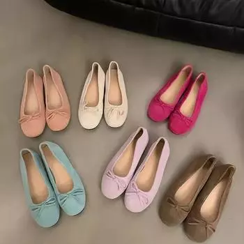 Французские замшевые балетки с бантом женские весна 2024 новые нежные туфли на одной педали с мягким носом и плоской подошвой прилив 35 розы красного