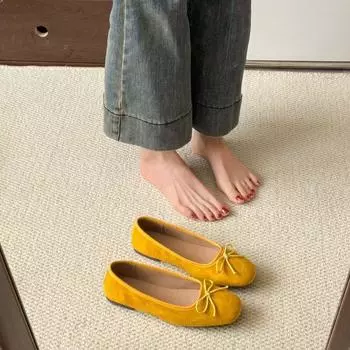 Французские замшевые балетки с внутренней отделкой, женские туфли 2025 года, новые весенне-осенние вечерние туфли с бантом красного цвета 35 жёлтый
