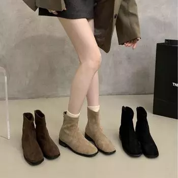 Французские замшевые квадратные тонкие сапоги на толстом каблуке женские сапоги 2024 новые короткие сапоги весна и осень одинарные сапоги тонкие и ботильоны 35 хаки