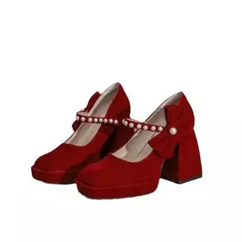 Французские замшевые туфли-лодочки на высоком каблуке с жемчужным бантом для женщин, толстый каблук для весны/осени, новые красные туфли Мэри Джейн с квадратным носком и неглубоким вырезом 35