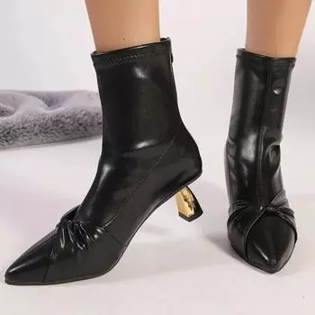 Французские заостренные эластичные современные ботинки женские туфли темперамент плиссированные кожаные ботинки с застежкой-молнией сзади тонкие ботинки на высоком каблуке черные коричневые 35