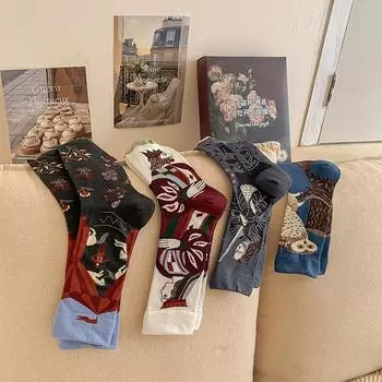 Французские женские носки Tide Французские ретро-носки-трубы с рисунком Майяра в цвете масляной живописи Европейские женские носки One Size