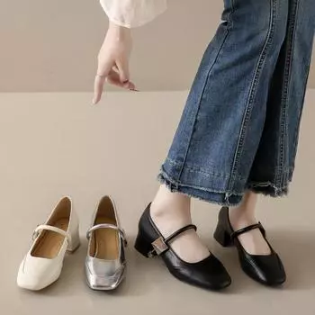 Французские женские туфли Мэри Джейн из мягкой кожи на грубом каблуке для позднего вечера, маленькие кожаные туфли, универсальные туфли на высоком каблуке, одинарные туфли на среднем каблуке 35 серебряный