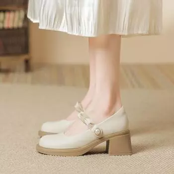 Французские женские туфли Marie Jane, осенние туфли телесного цвета на толстом каблуке и высоком каблуке. 34 абрикосовый