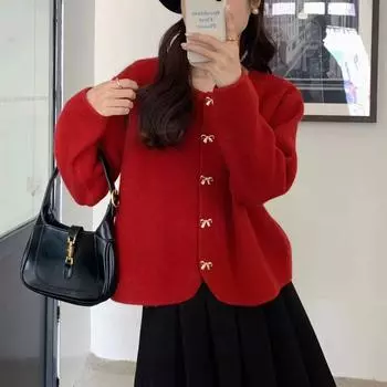 Французский элегантный кардиган с пуговицей-бабочкой, темпераментный, с легким ароматом, женский, модный, нежный и тонкий, вязаный свитер-жакет для осени и зимы Average size 57-163 красный