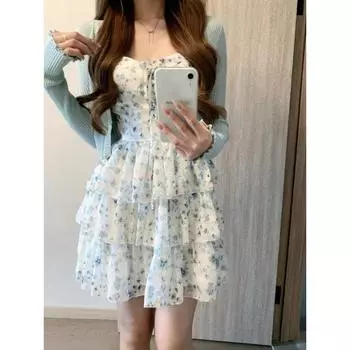 Французский элегантный комплект из 2 предметов, женское винтажное сексуальное облегающее платье с цветочным принтом + корейский повседневный тонкий кардиган с длинным рукавом, модный шик S белый