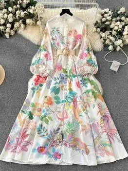 Французский элегантный льняной цветочный праздничный халат платье женское весна лето стойка длинный фонарь рукав пояс Vestidos цветочный принт одежда S белый