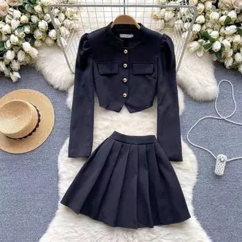 Французский элегантный офисный комплект из двух предметов, женские винтажные топы на пуговицах, плиссированные мини-юбки, женская мода, лоскутный дизайн, повседневные комплекты, новинка 2024 года S чёрный