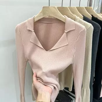 Французский элегантный трикотажный топ с V-образным вырезом, женские осенние тонкие стильные уникальные шикарные однотонные пуловеры, модные дизайнерские базовые повседневные рубашки поло, зима S белый