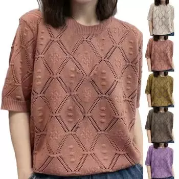 Французский ажурный летний тонкий вязаный свитер с короткими рукавами, женский модный свободный топ с круглым вырезом в западном стиле, уменьшающий возраст One Size бежевый