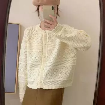 Французский ажурный вязаный кардиган для женщин, весна 2023, повседневный нишевый нежный кружевной свитер с круглым вырезом, милый женский кардиган