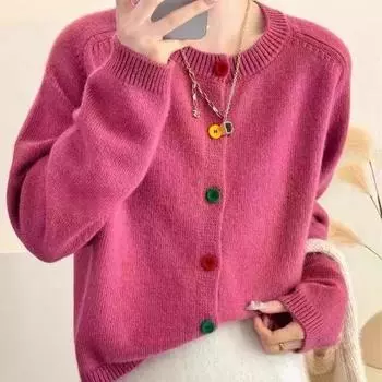 Французский цветной свитер-кардиган с пуговицами, женская куртка на весну/осень/зиму с круглым вырезом внутри, короткий топ, мягкий и липкий трикотажный свитер S розы красного