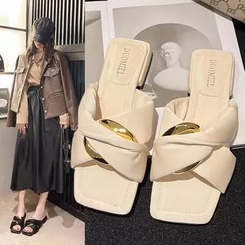 Французский дизайн Sense Niche Cross с открытым носком, квадратная головка, низкие толстые тапочки для женщин, летняя одежда 2024 года, новая модель 35 розовый