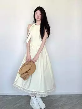 Французский дизайн Sense Niche Маленький аромат Подтяжки платье в стиле вестерн Женский летний талия Тонкий ретро А-силуэт юбка S абрикосовый