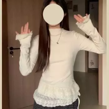 Французский дизайн sense нишевая кружевная футболка с длинными рукавами женская одежда зимняя облегающая флисовая футболка S абрикосовый