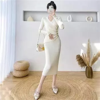 Французский дизайн, тонкий темперамент, бедра, юбка, новое осенне-зимнее тонкое трикотажное платье для женщин S чёрный