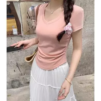 Французский допамин сладкий и нежный топ с V-образным вырезом на талии эластичный тонкий утягивающий с короткими рукавами простая летняя футболка для женщин S
