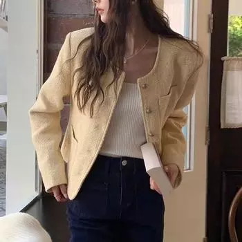 Французский фиолетовый маленький ароматный жакет женский осенний новый ретро высокого класса с длинными рукавами свободный абрикосовый топ S