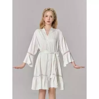 Французский халат, пижама для женщин, осенняя сексуальная юбка на подтяжках, ночная рубашка, халат, комплект из двух частей из ледяного шелка M