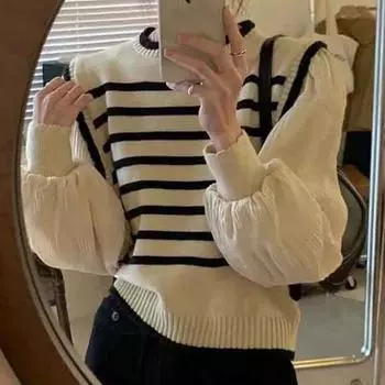 Французский искусственный полосатый свитер из двух частей для женщин весной и осенью 2023 года с напуском, верхний дизайн, мягкая вязка для небольшой группы One Size чёрный