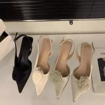 Французский каблук-рюмочка на высоком каблуке босоножки с головкой-мешком туфли-феи весна-лето 2025 темпераментные цветочные с юбкой одинарные туфли 35 чёрный