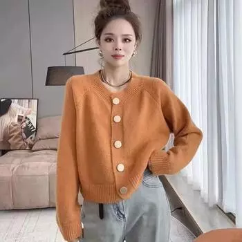 Французский кардиган, однобортный свитер для женщин, осень и зима 2023, однотонный универсальный вязаный свитер с длинными рукавами, женский One Size зелёный