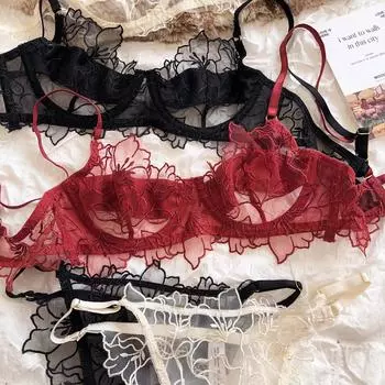 Французский комплект нижнего белья, сексуальный кружевной комплект с цветочной вышивкой, бюстгальтер, женское нижнее белье, летние ультратонкие дышащие бюстгальтеры без косточек, нижнее белье, трусики S красный