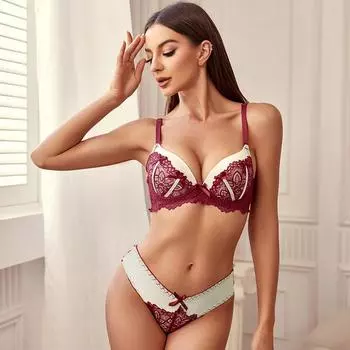 Французский контрастный сексуальный кружевной комплект с бюстгальтером собирает модный женский комплект нижнего белья 75B красный