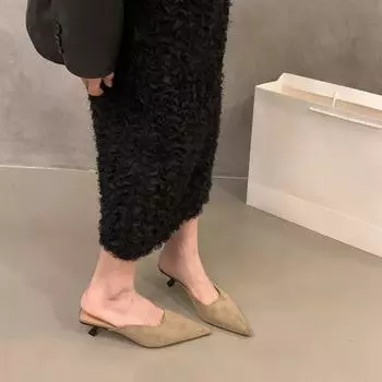 Французский котенок и леопардовый принт на высоком каблуке, полутапочки с сумкой на голову, женская обувь, весна и осень 2024, замшевые полутапочки, одинарные туфли 34 чёрный