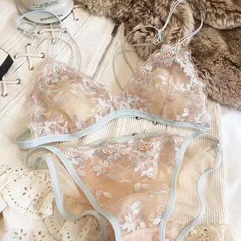 Французский кружевной комплект нижнего белья с цветочной вышивкой, сексуальный ультратонкий комплект с бюстгальтером, женский комплект с треугольной чашкой, удобный бюстгальтер без косточек, женские бюстгальтеры с подкладкой M хаки