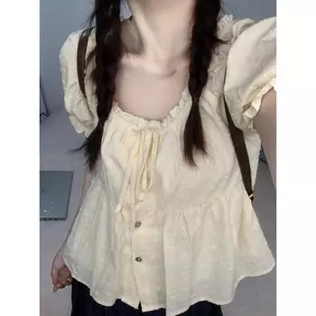 Французский квадратный воротник абрикосовый короткий рукав рубашки женские новинка 2024 года летняя рубашка с рукавами-фонариками маленькая рубашка японская мода топ S жёлтый