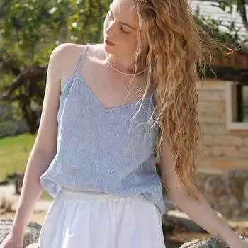 Французский ленивый жилет с подтяжками, небесно-голубой полосатый жилет, женские свободные топы без рукавов с v-образным вырезом, летние S синий