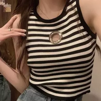 Французский летний вязаный жилет без рукавов женский стильный 3D металлический акцент горячая девушка облегающий базовый топ one size