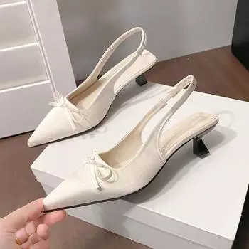 Французский мешок голова пустая одиночная обувь 2025 весна и лето новый элегантный атласный бант сандалии простой моды высокие каблуки 35 абрикосовый