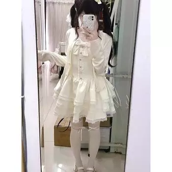 Французский милый, красивый и уникальный, супер привлекательный кардиган-жакет, пушистое платье-торт, комплект из двух предметов, на маленькую весну и осень S- (can be worn within 45kg)