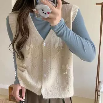 Французский милый вязаный кардиган с бантом, жилет, женский осенне-зимний новый короткий свитер без рукавов с v-образным вырезом, жилет, кардиган, женское пальто One Size синий