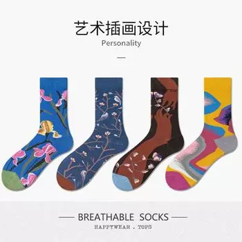 Французский модный бренд, женские хлопковые носки с цветочным принтом, средние носки, уличная мода, высокие чулки для пар, мужские One Size