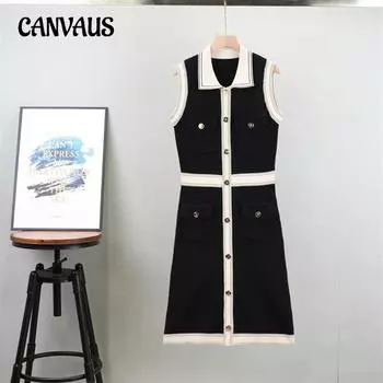 Французский небольшой парфюм темперамент лацкан трикотажное платье женское плюс размер мода жилет платье One Size чёрный