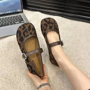 Французский нежный вечерний ветерок неглубокий рот одиночные туфли с пряжкой из одного слова леопардовый принт повседневная обувь ниша простые и удобные туфли Doudou 35 коричневый