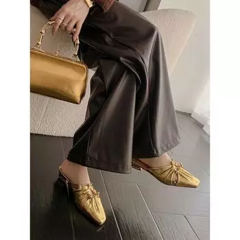 Французский нишевый дизайн, чувство квадратной головы, полые, сложенные наполовину, перетаскиваемые, металлические пряжки, сумка, головные тапочки, женские летние классные тапочки 35 золотой